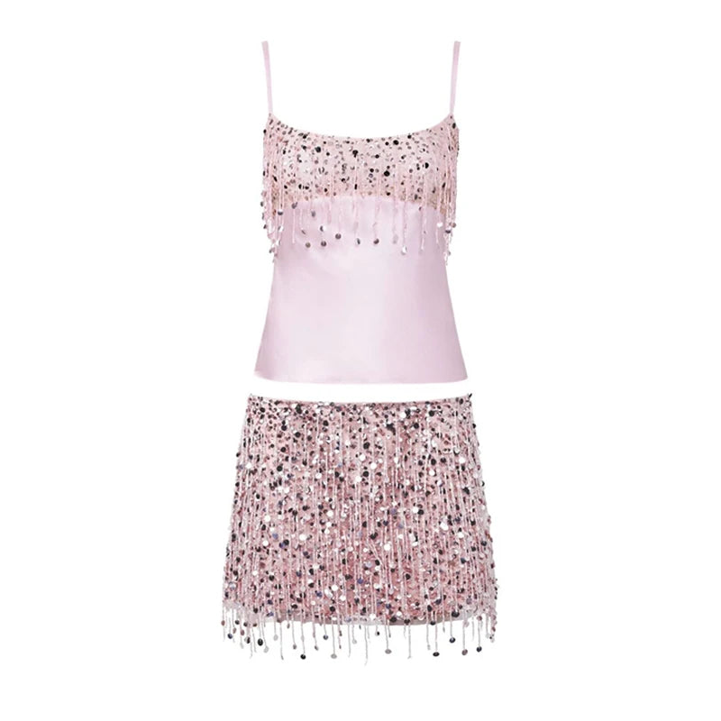 Sexy Sequins Tassel Skirt Sets Women Sling Crop Tops Hip Package A-line Short Skirts 2025 Summer Chic Beach Party Outfits Lady