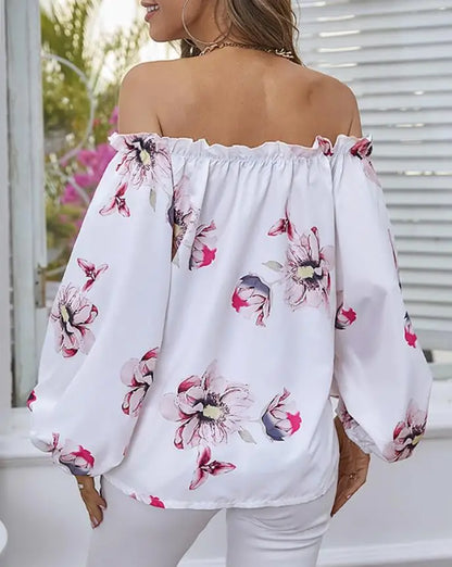 Fashion Floral Print Off Shoulder Frill Hem Top Casual Chic Lantern Sleeve Tied Detail Daily Summer Women's T-Shirt