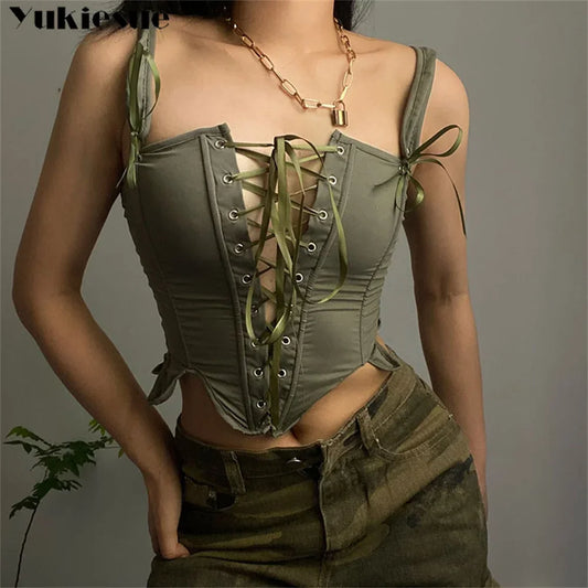 Summer Vintage Corset Bustier Y2K Crop Top Women Cut Out Sexy Lace Up Bandage Sleeveless Tank Tops Fairy Princess Vest Cosplay