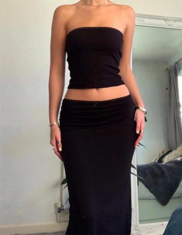 Vintage 2 Piece Long Skirt Sets Women Cute Spaghetti Strap Crop Cami Maxi Midi Skirts Y2k Two Piece Outfit Beach Wear