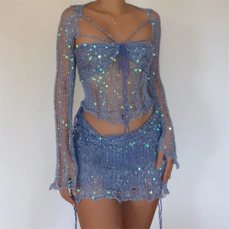 Vestido de punto de crochet Conjuntos de falda de dos piezas