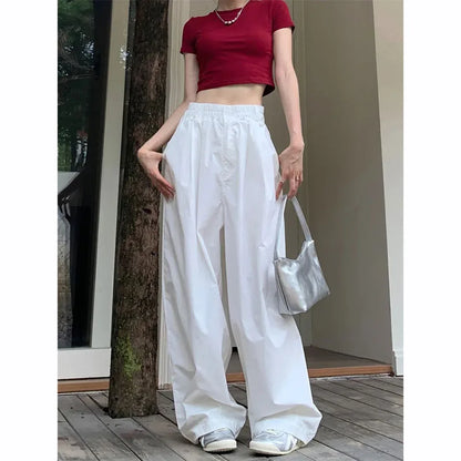 Zoki Y2K White Hip Hop Wide Leg Pants Women Autumn High Waist Korean Oversized Cargo Trousers Loose Chic All Match Streetwear