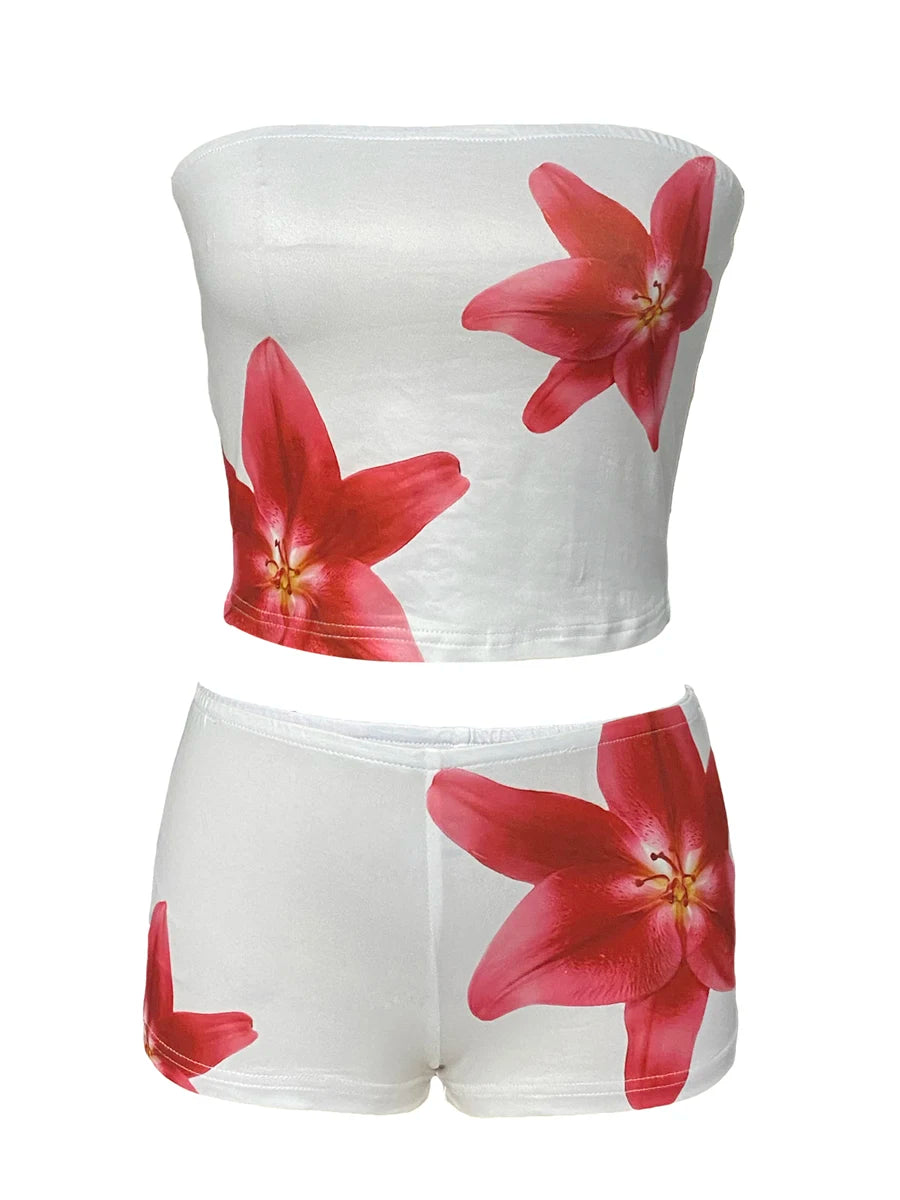 Sexy Women 2 Pieces Short Suits Y2k Grunge Flower Print Strapless Tube Tops Elastic Waist Shiny Shorts Holiday Party Outfits