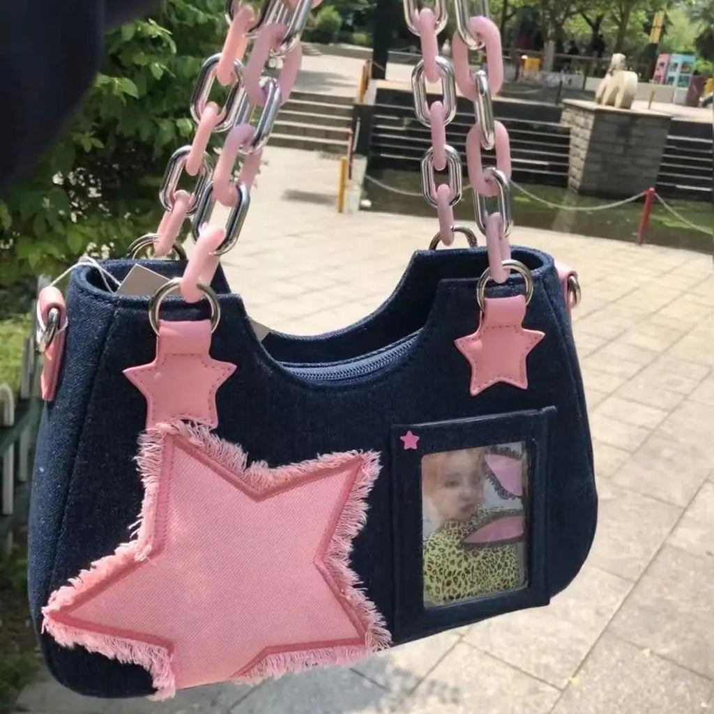 Splicing Hit Color Handbag Niche Design Chain Cowboy Handbag Star American Retro Itabag Y2k Shoulder Bag 2023 New Women'S Bag