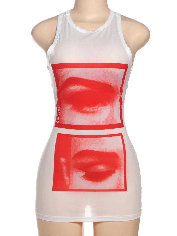 Weird Puss Lip Print Women Long Tops Sexy Y2K Hipster Thin O-neck Sleeveless Wild Basic Stunning Street Club Midnight Party Vest