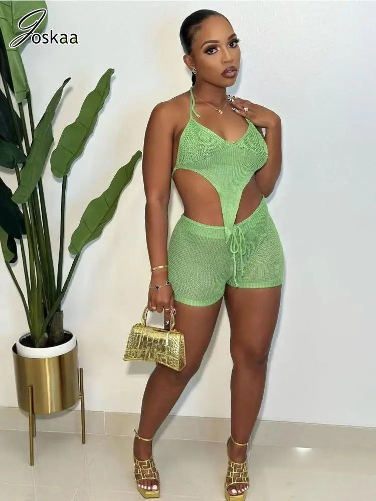 Joskaa Knitted Beach Style 2 Piece Set Women Sexy Halter Backless Irregular Top and Drawstring Shorts Match 2023 Vacation Outfit