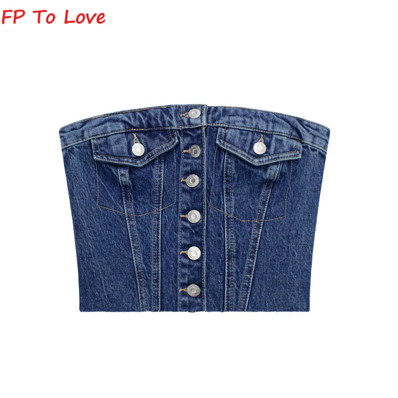 Blue Denim Strapless Tops Vintage Tube Corset Single Breasted Summer Sexy Chest Crop Backless Elastic Off Shoulder Woman6739200