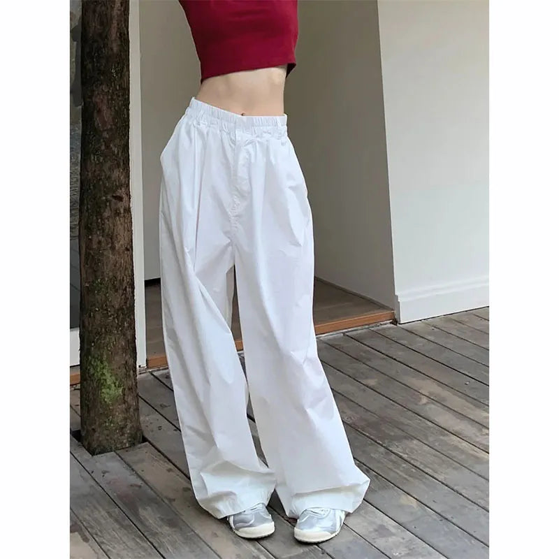 Zoki Y2K White Hip Hop Wide Leg Pants Women Autumn High Waist Korean Oversized Cargo Trousers Loose Chic All Match Streetwear