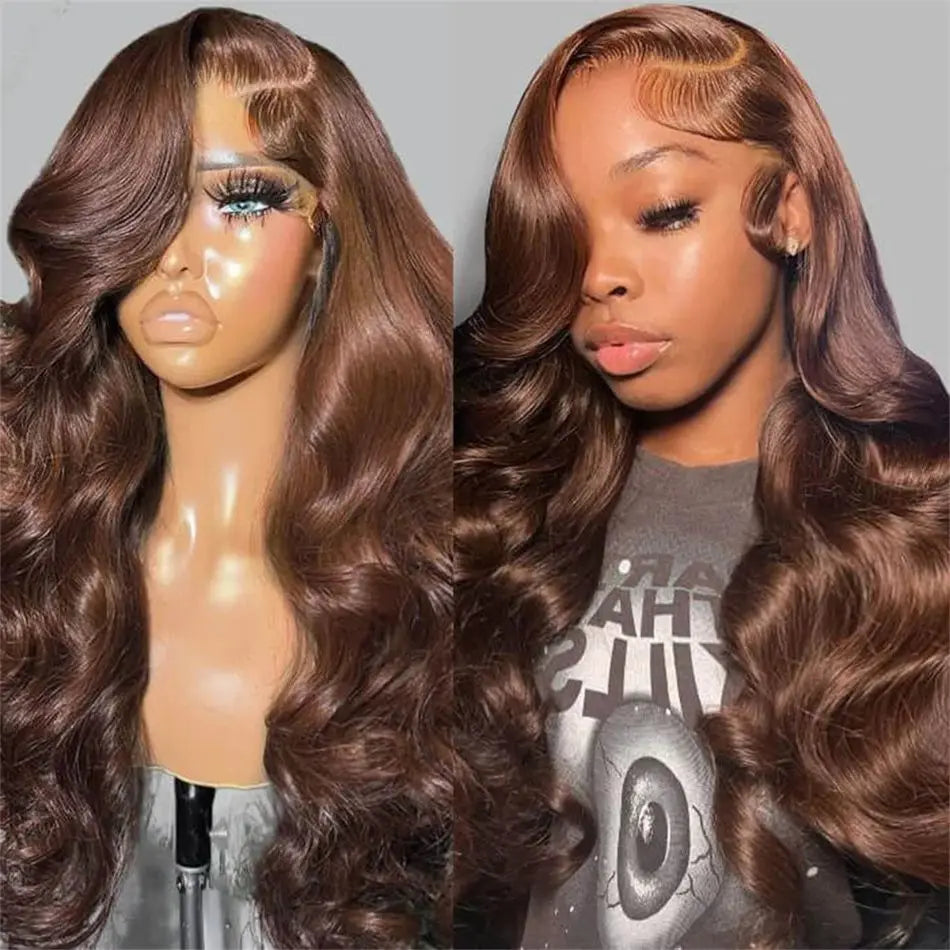 Brown wavy wig on a mannequin head and a person wearing it against a gray background
