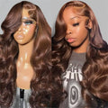 Brown wavy wig on a mannequin head and a person wearing it against a gray background