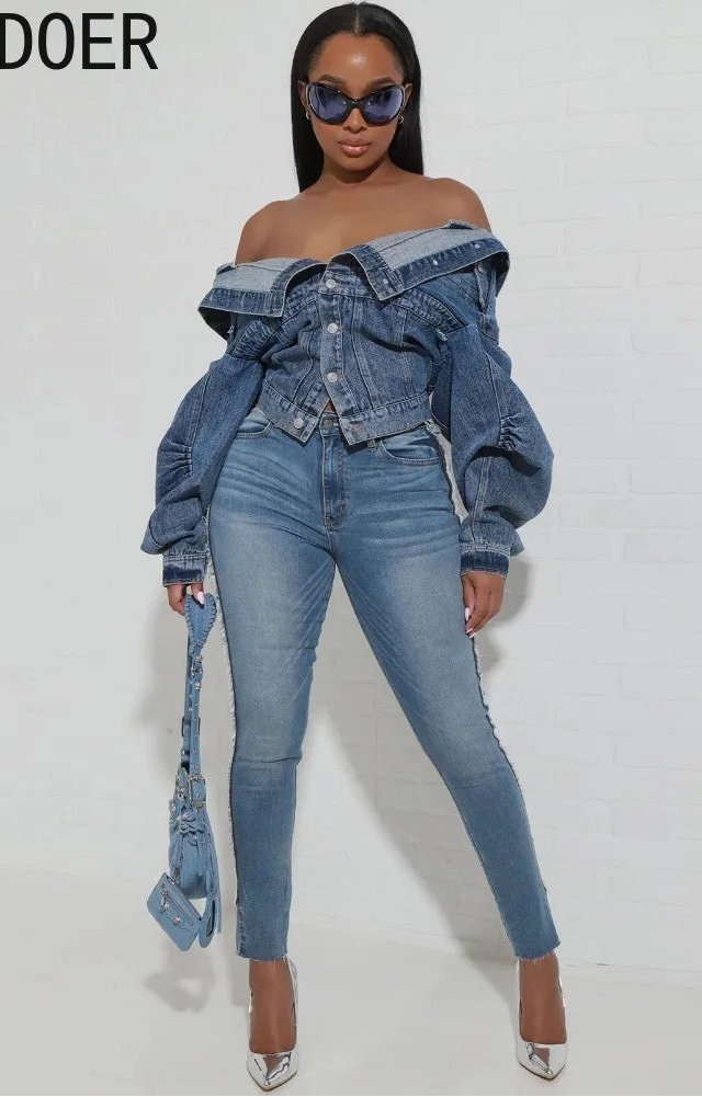 FAGADOER Blue Vintage Fashion Y2K Denim Coats Women Turndown Collar Long Sleeve Slim Crop Top Autumn Lady Cowboy Matching Jacket