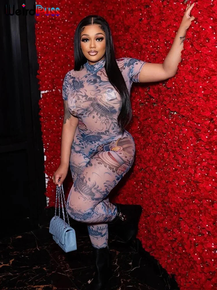 See-Through Dragon Print Jumpsuit - Backless Fitness Clubwear