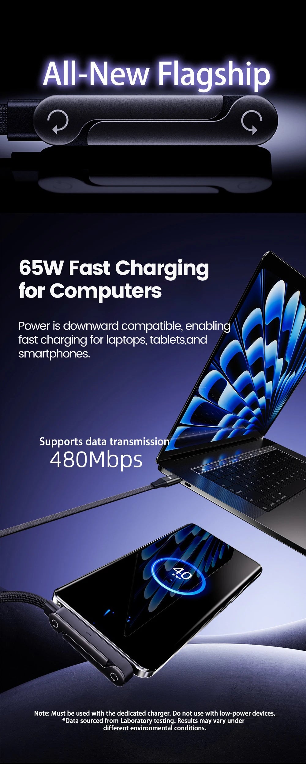65W Fast Charging Cable with Foldable Phone Holder | USB-C & USB | Braided Nylon | 1m & 1.5m