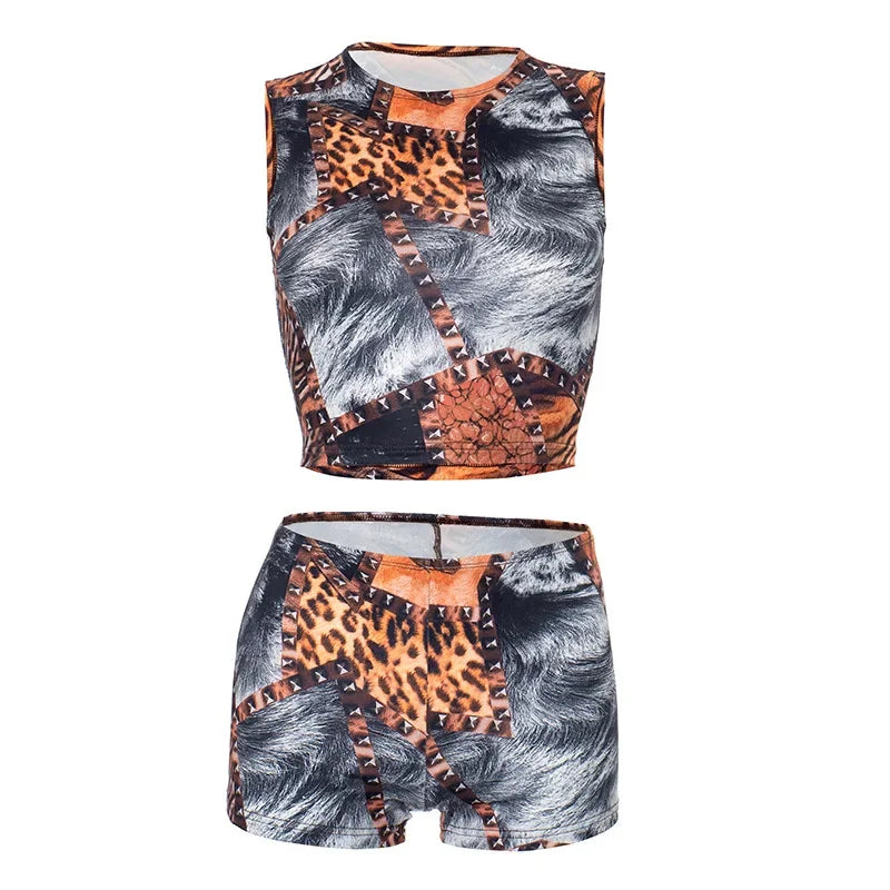 ANJAMANOR Leopard Print 2 Piece Sets Sleeveless Crop Top and Shorts Womens Club Wear Baddie Outfit Summer 2025 D85-AI11