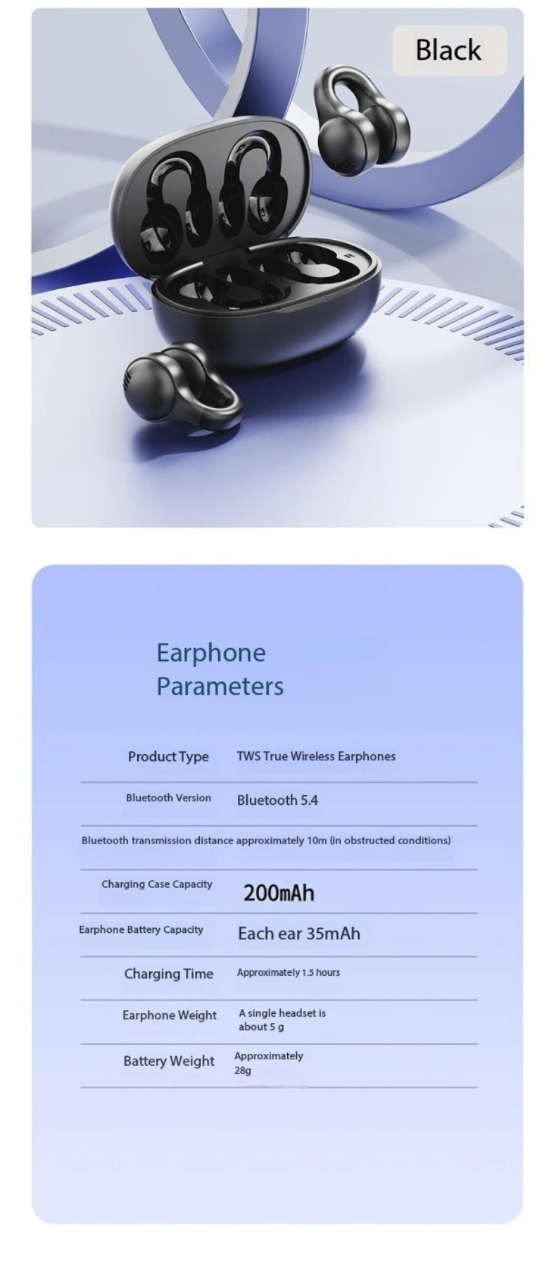 Wireless Ear Clip Bluetooth Headphones – Open-Ear Sport Earbuds with Mic