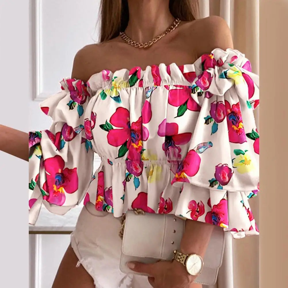 Off Shoulder Summer Ladies Multi-layer Top Colorful Pleated Autumn Blouse Fashion Women Ruffles Long Sleeve Shirt for Beach