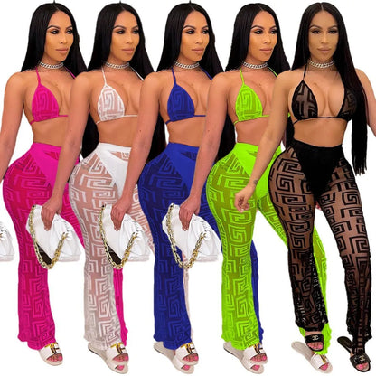 Summer New Fashion Women Summer Hot Europe Swimsuit Net Gauze Suit Women Y2k Clothes Long Pant Set