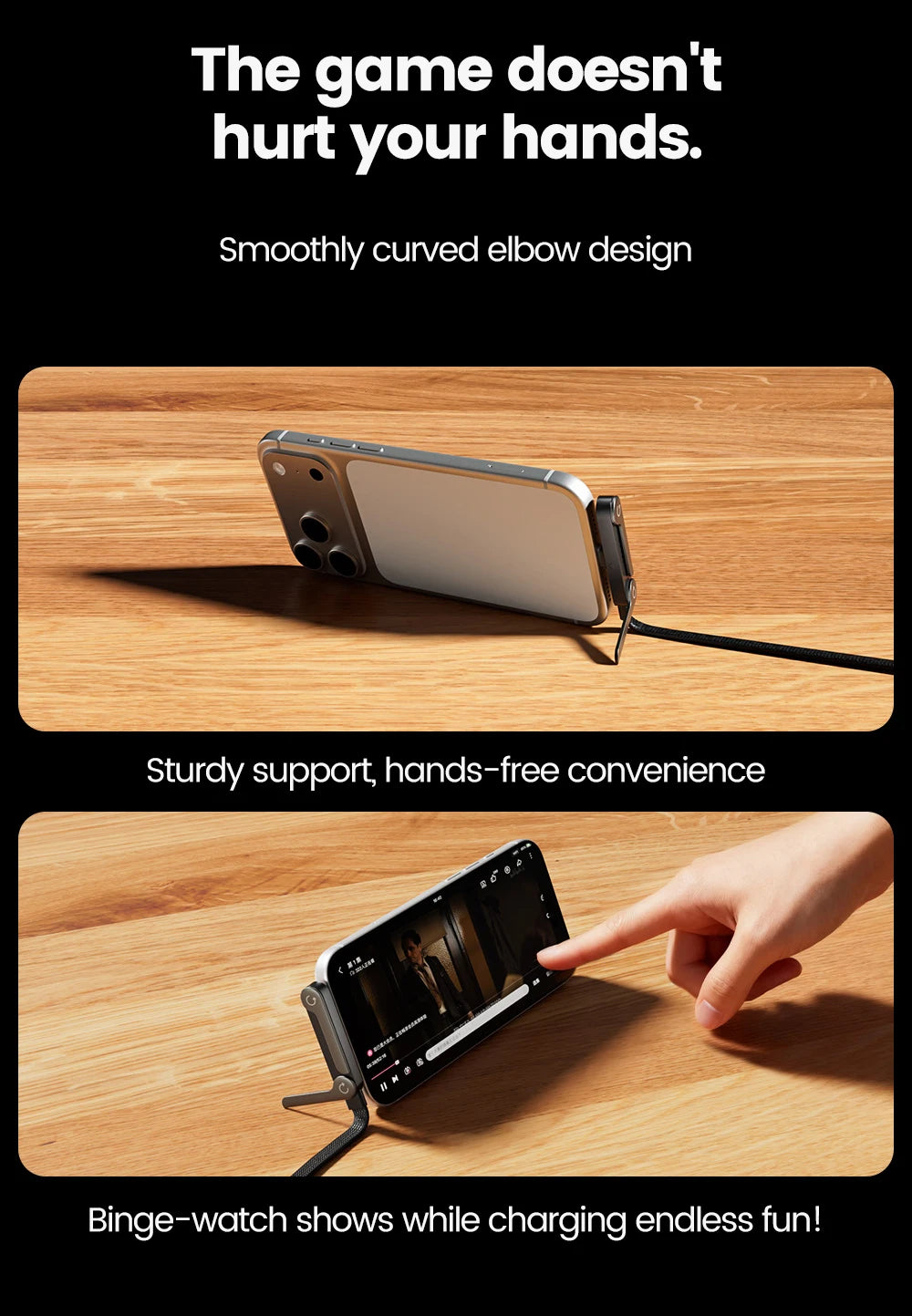 65W Fast Charging Cable with Foldable Phone Holder | USB-C & USB | Braided Nylon | 1m & 1.5m