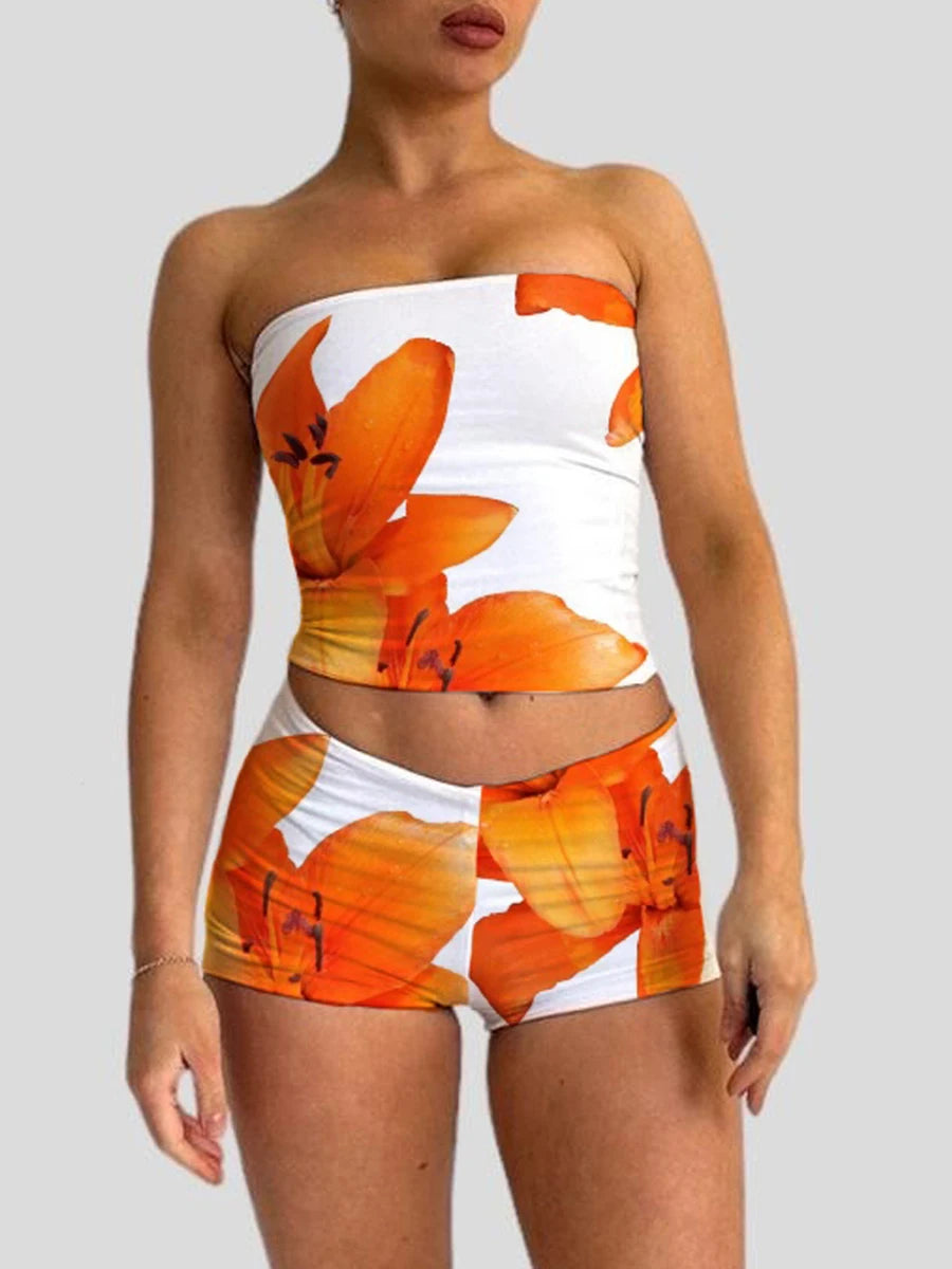 Sexy Women 2 Pieces Short Suits Y2k Grunge Flower Print Strapless Tube Tops Elastic Waist Shiny Shorts Holiday Party Outfits