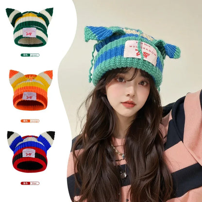 Loverboy Cat Ear Knit Hat Double-layer Warm Pig Ear Woolen Hat Cute Fashion Hooded Cap Niche Design Hip-hop Personality Cold Hat