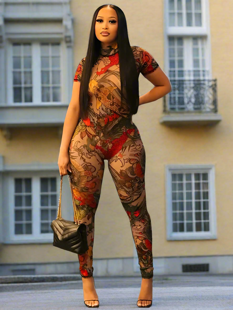 See-through mesh design with dragon print