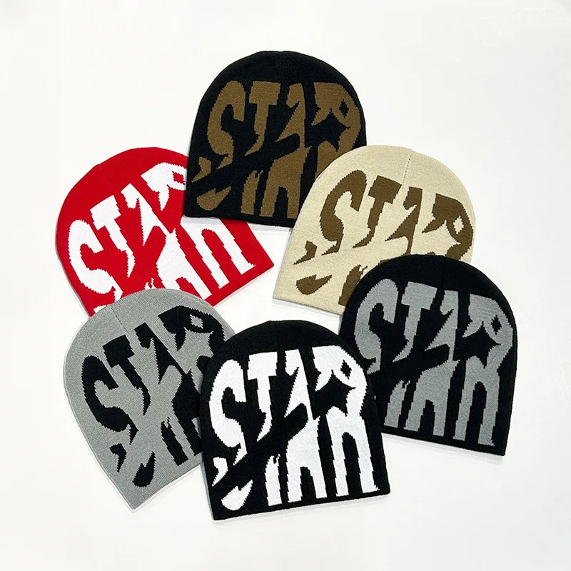 Adult Letters STAR jacquard Knitted Hats Y2K Outdoor Sports Trend Street Cold Caps Western Hip Hop Unisex Beanies