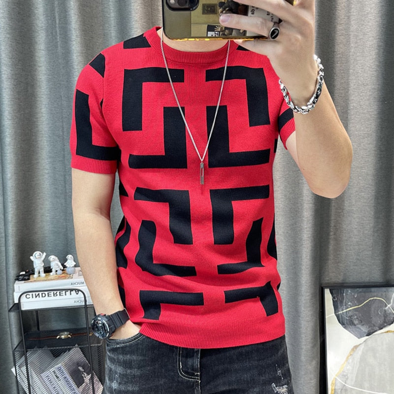 3 Color Short Sleeve Knitting T-Shirt Men Slim Streetwear Color Contrast T Shirt Men Tee Shirt Homme Social Club Outfits Tshirt