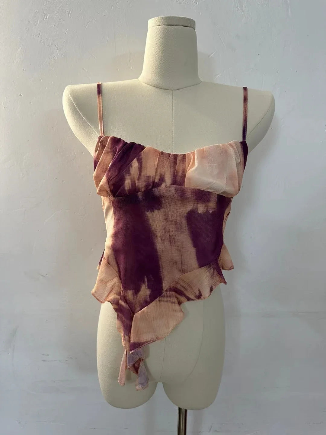 2024 New Girls Sweet Ruffles Mesh Camisole Top Lady Camis Sleeveless Printed Floral T shirts Stretch Slim Tanks For Slim Women