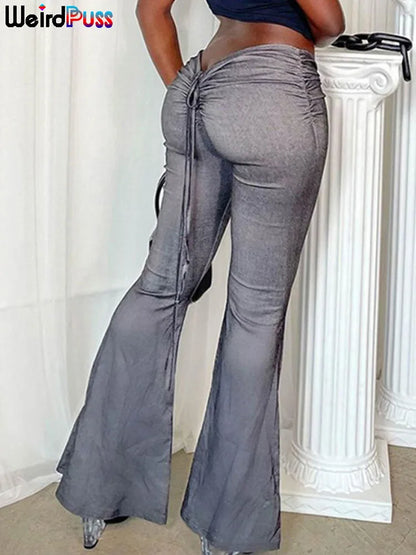 Weird Puss Y2K Low Waist Flare Pants Women Drawstring Ruched Long Trousers Elastic Casual Streetwear Fashion Bandage Bottoms