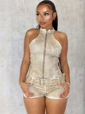 Weird Puss Distressed Style Denim 2 Piece Set Women Zipper Cardigan Sleeveless Crop Top+Skinny Shorts Hottie Street Hipster Suit