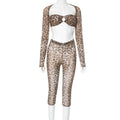 Sexy Women 3 Piece Leopard Printed Mesh Bustiers Crop Tops Capri Pants Sets Long Sleeve Shirts Leggings Sheer Two Piece Outfits