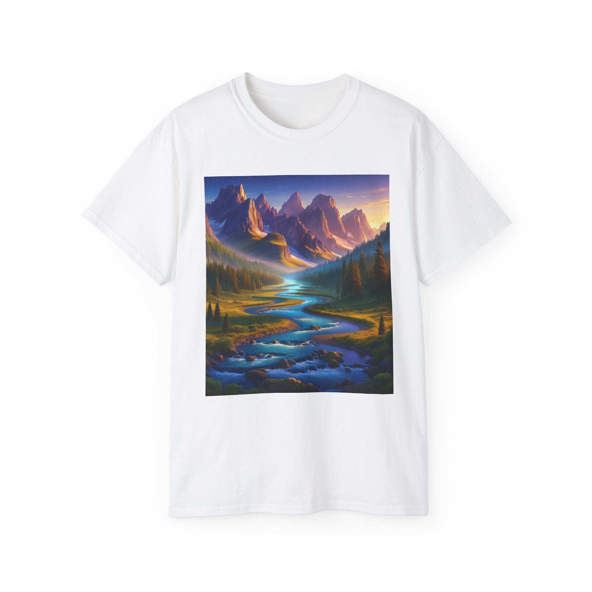 White t-shirt with a mountain landscape design on a white background
