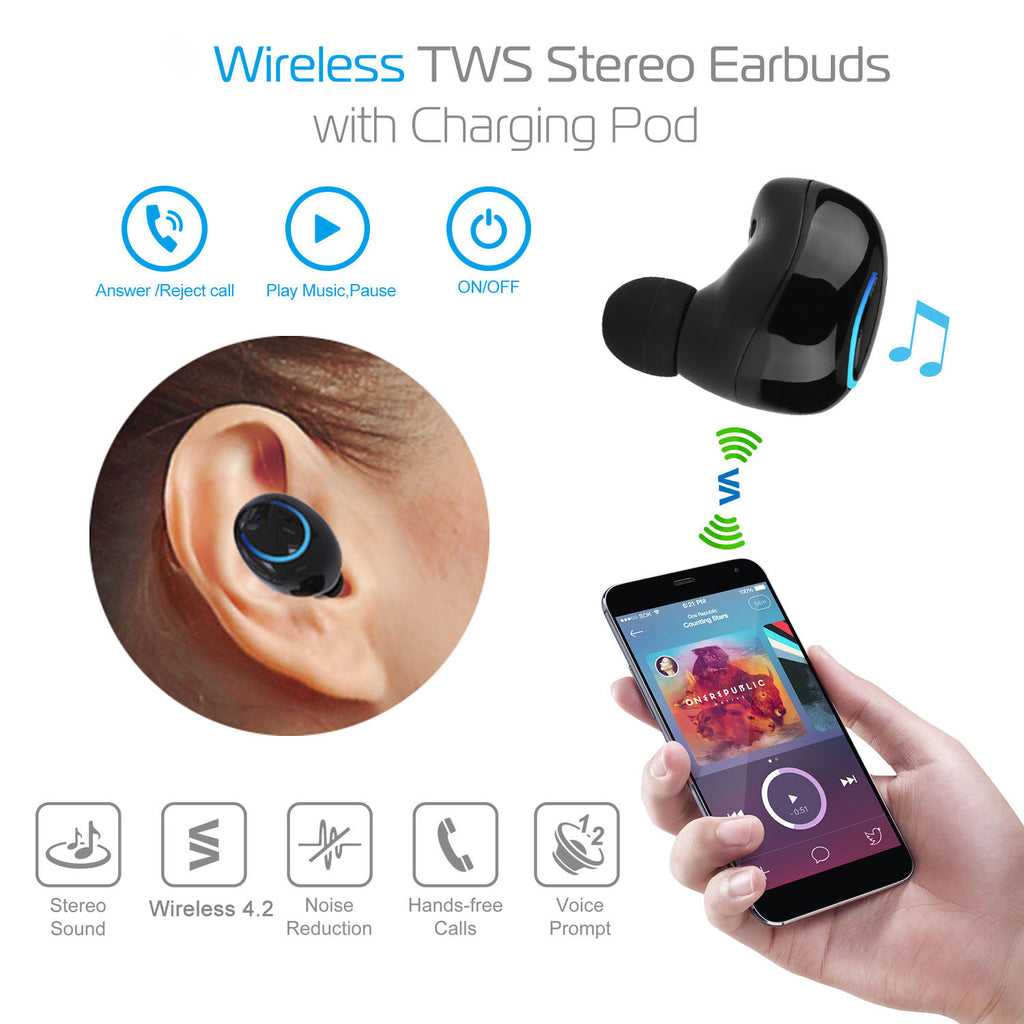 Wireless TWS Stereo Earbuds with Charging Pod featuring ear placement, smartphone control, and feature icons.