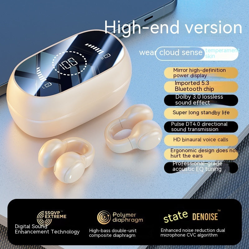 Wireless earbuds with charging case on a blue background, featuring text highlighting features.