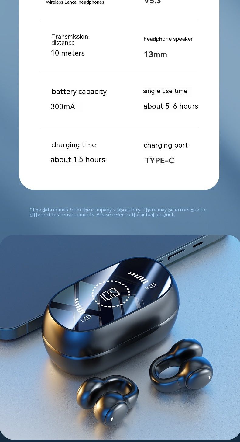 Wireless earbuds with charging case on a blue background, showing technical specifications.