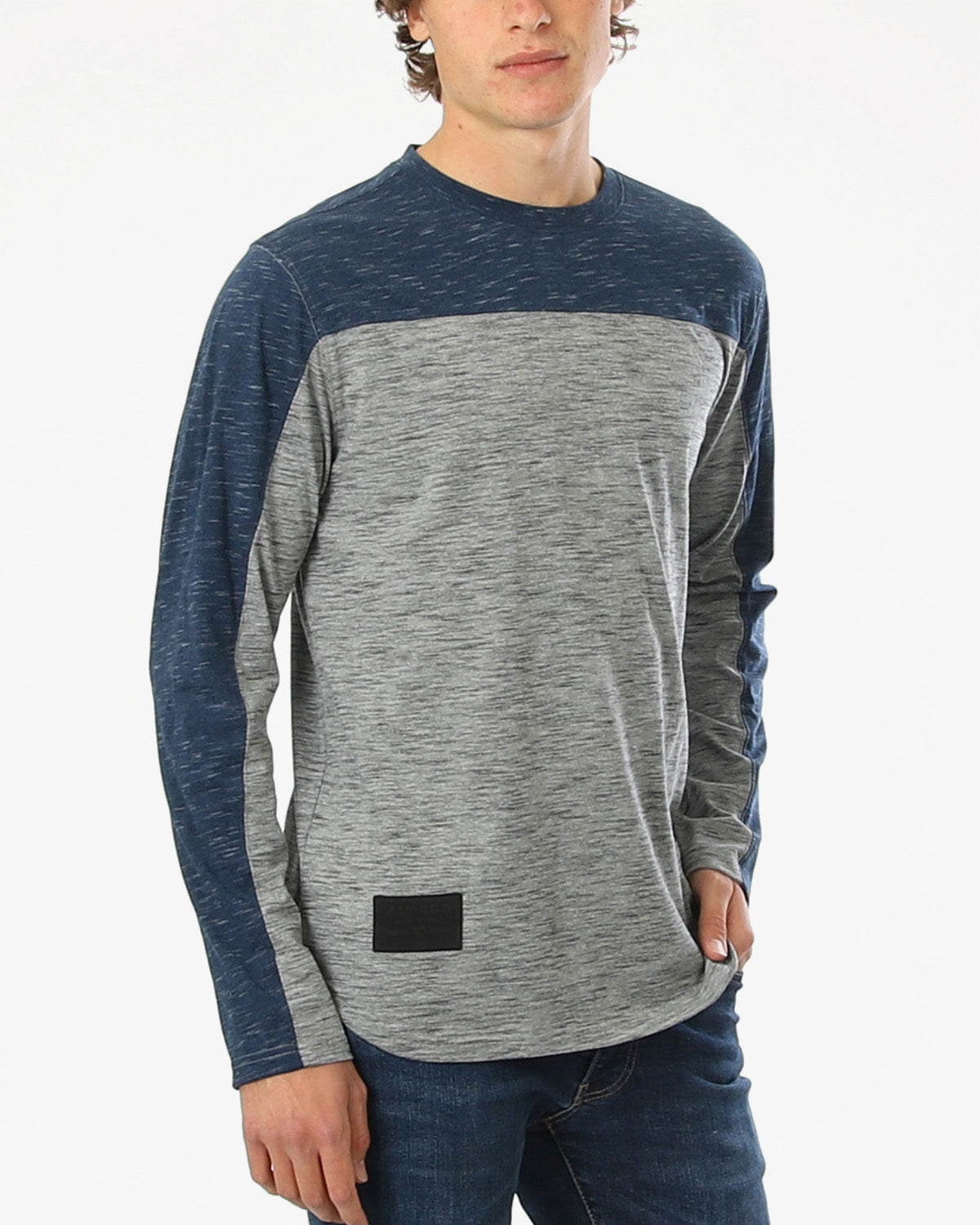 ZIMEGO Men's Fashion Color Block Long Sleeve Curved Hemline Athletic Hiphop Shirt-1