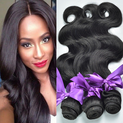 Woman with styled hair next to three black hair bundles with purple ribbons.