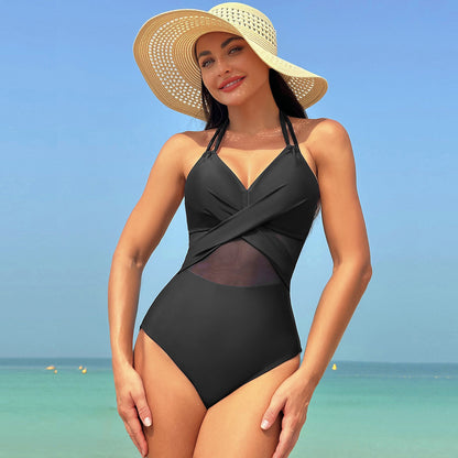 black. one piece swimwear, swimwear