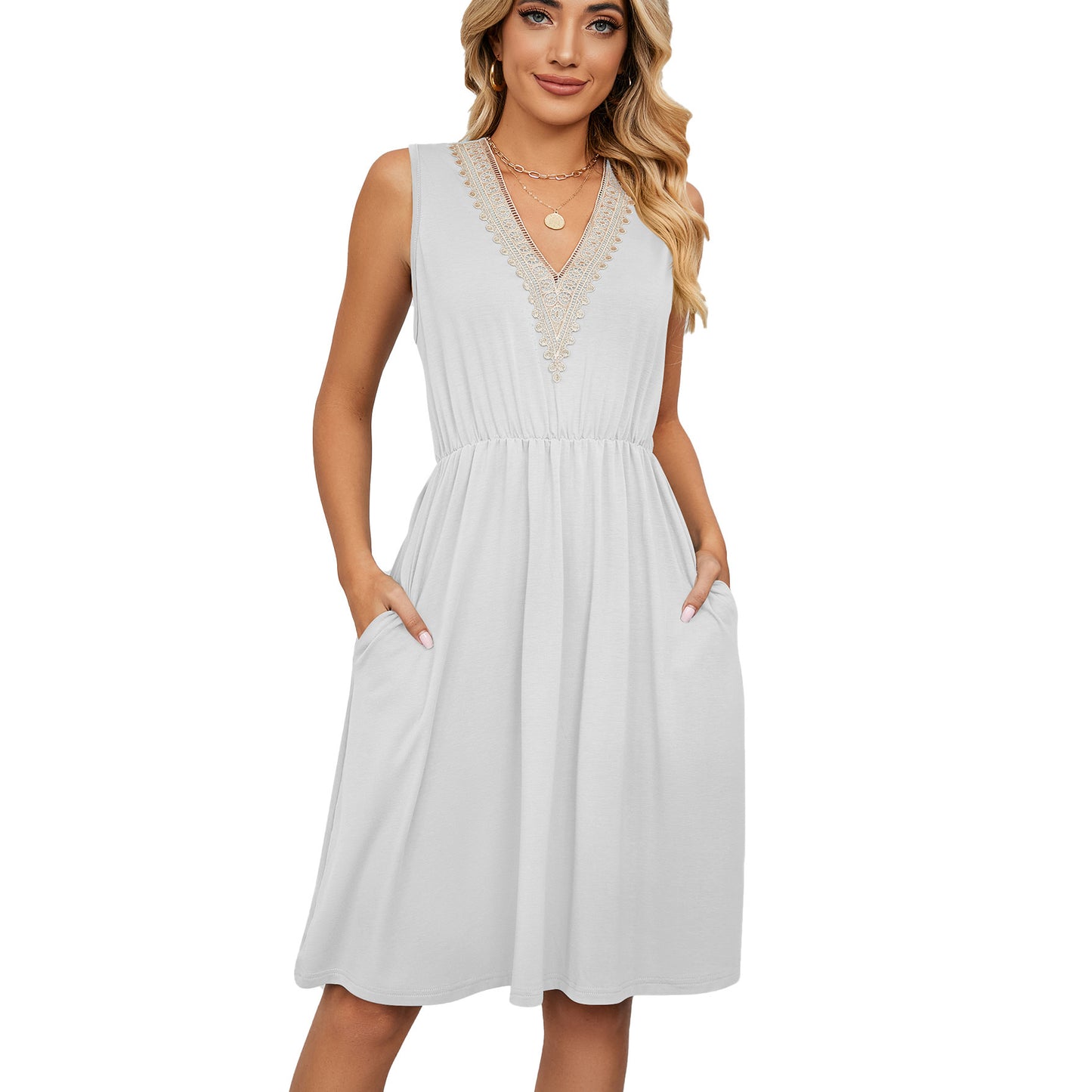 Lace Panel Sleeveless Dresss With Pocket V-neck Dresses For Women