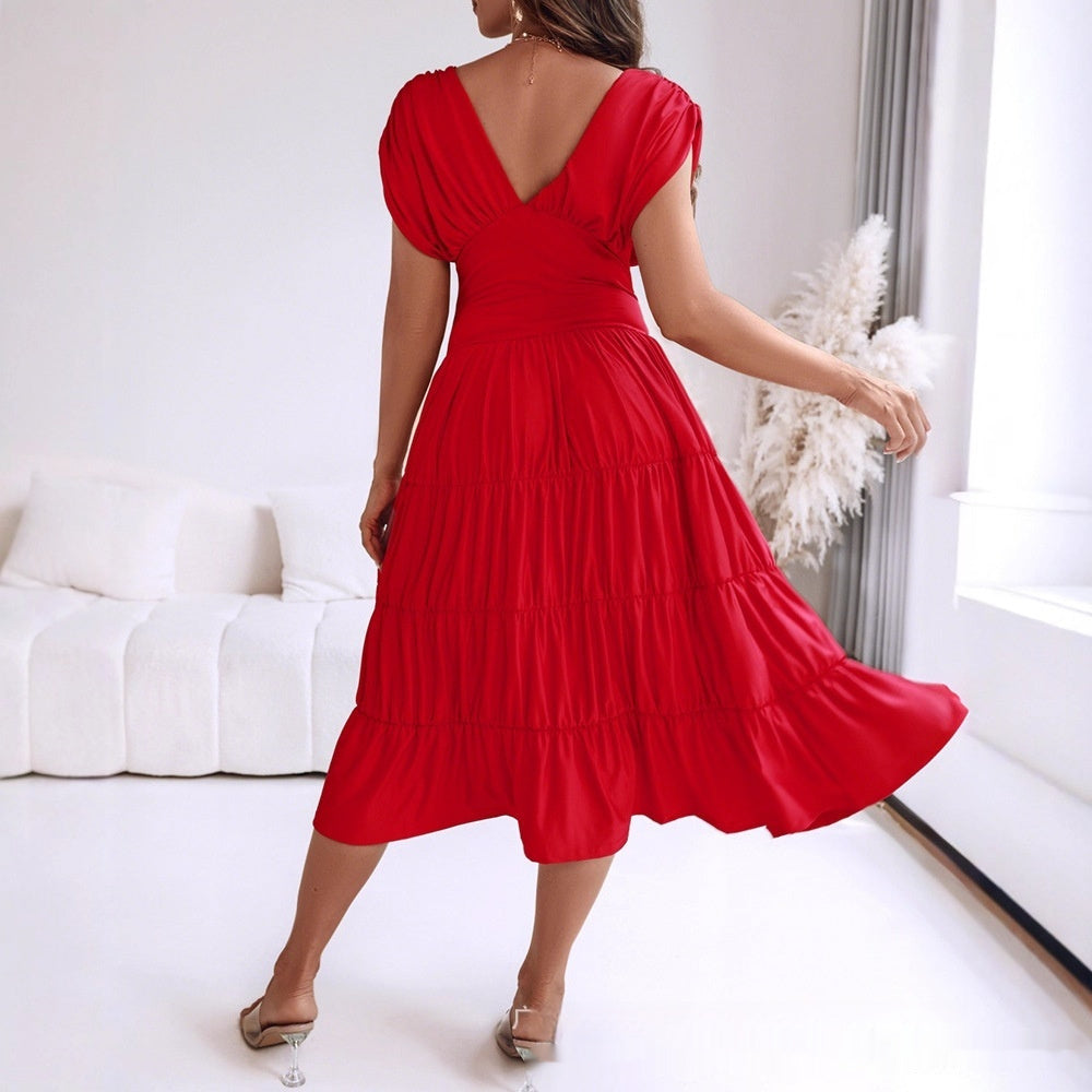 Women's Patchwork Midi Dress | V-Neck Waist-Cinching Short Sleeve