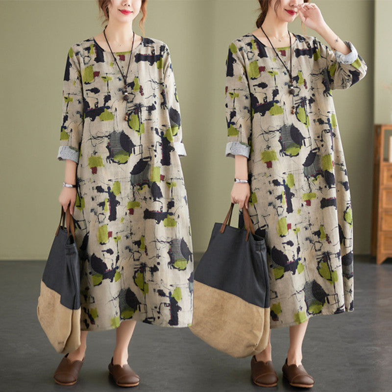 Cotton Linen Vintage Floral Print Dresses For Women