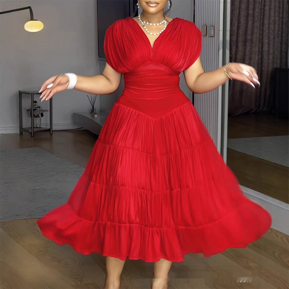 Women's Patchwork Midi Dress | V-Neck Waist-Cinching Short Sleeve