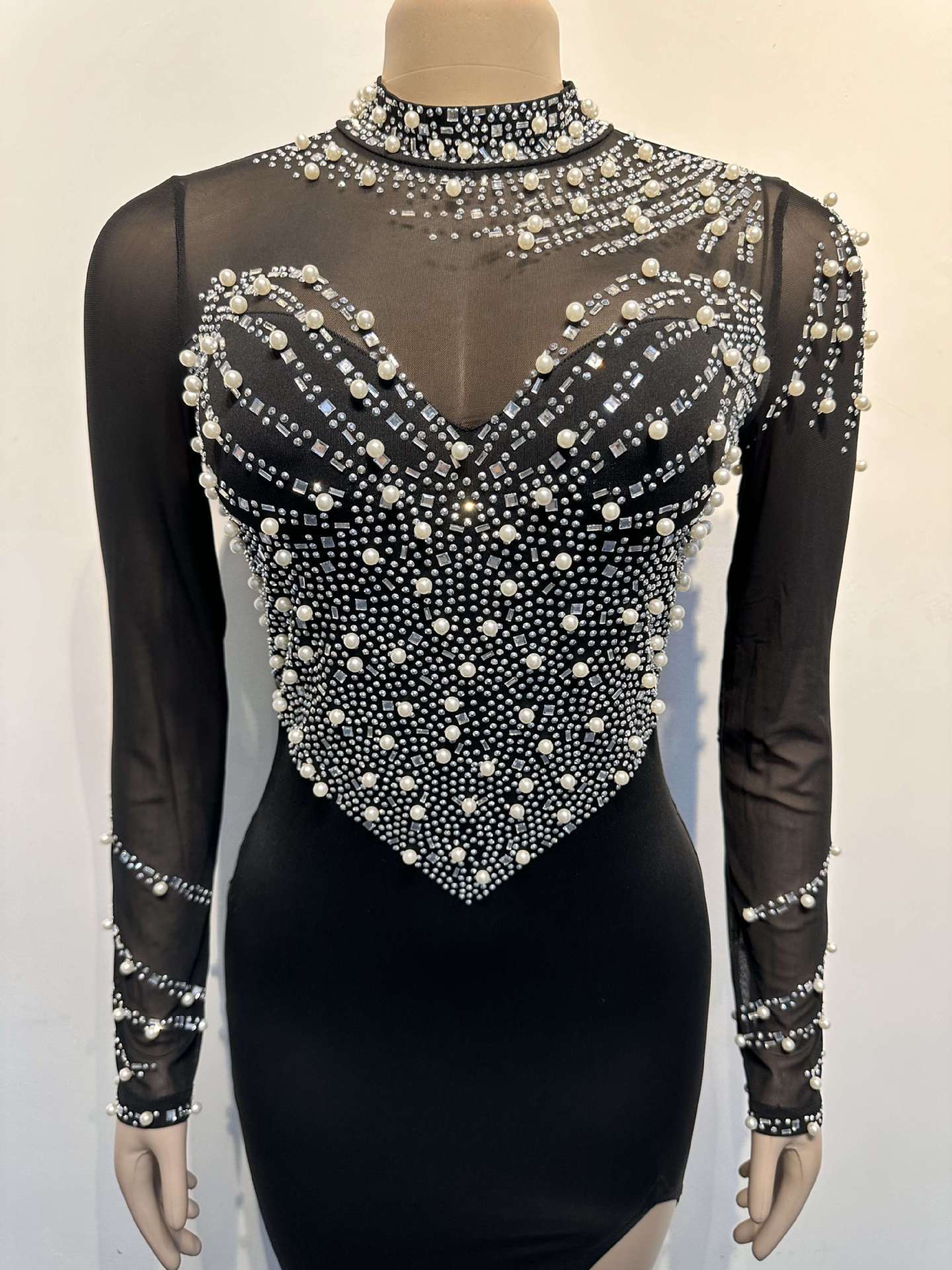 Women's Rhinestone Pearl See-through Waist-tight Stretch Split Dress