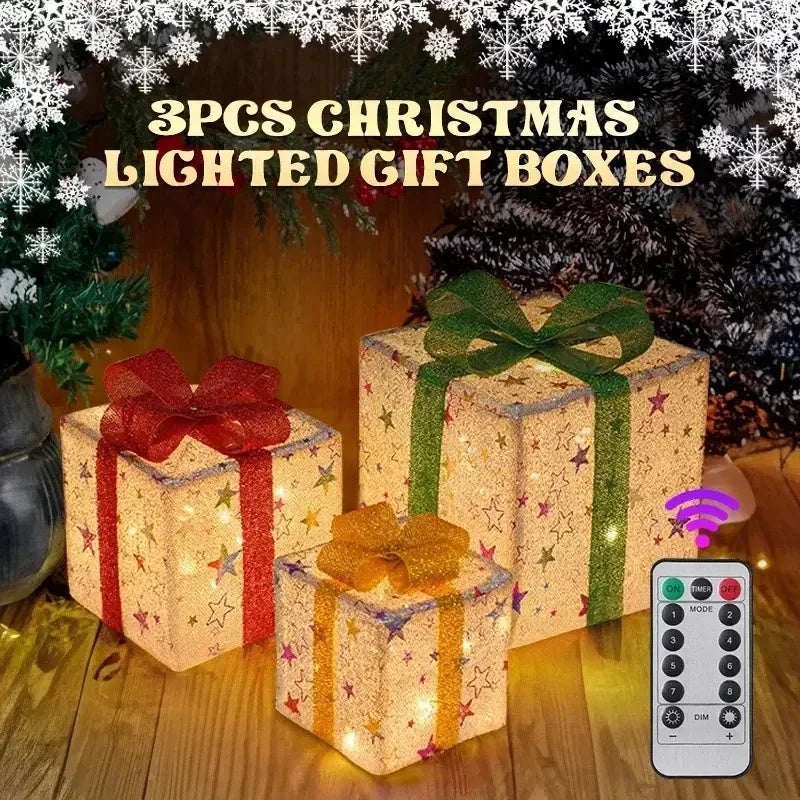 3PCS Christmas Gift Box Christmas Decor Luminous Bow Holiday For Lighted Up Christmas Tree Holiday Party Indoor Outdoor Decor