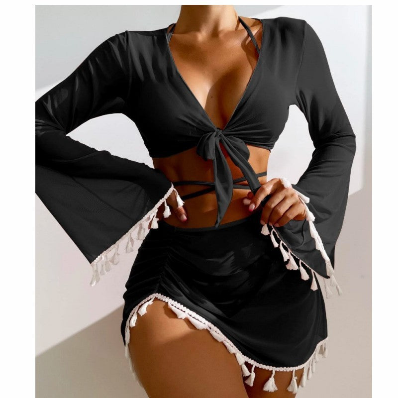 4pcs Solid Color Bikini With Short Skirt And Long Sleeve Cover-up Fashion Bow Tie Fringed Swimsuit Set Summer Beach Womens Clothing