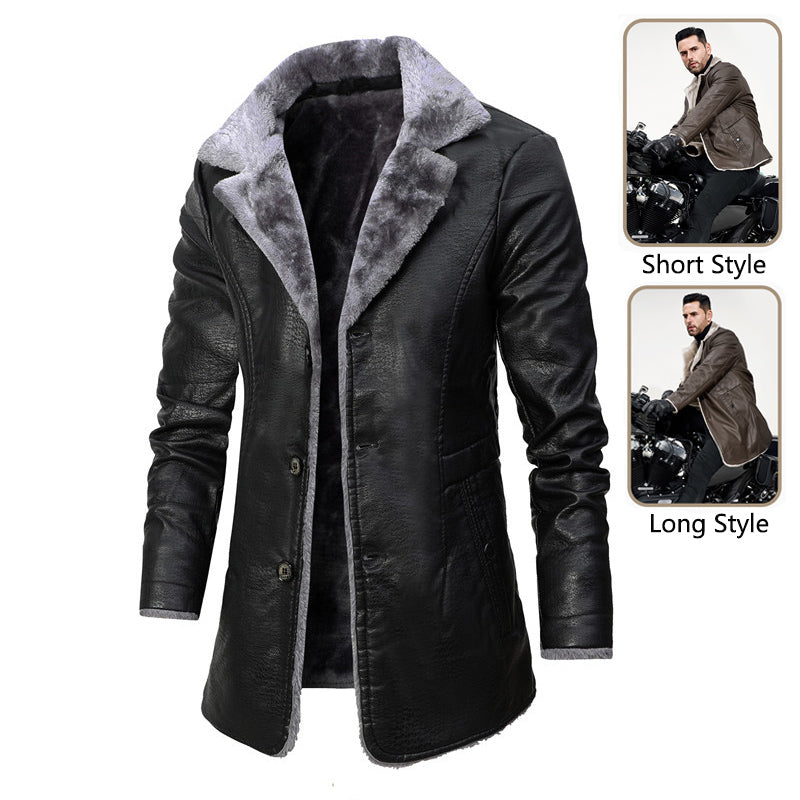Men's Plush Fleece-Lined Leather Jacket - Winter Warm Single-Breasted Coat