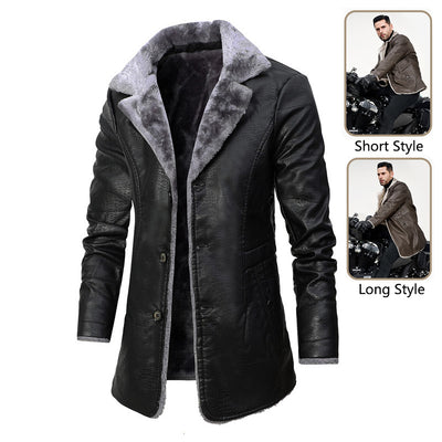 Men's Plush Fleece-Lined Leather Jacket - Winter Warm Single-Breasted Coat