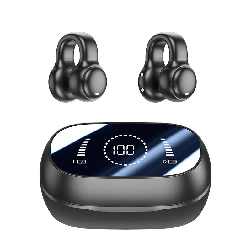 Black wireless earbuds with charging case on a white background