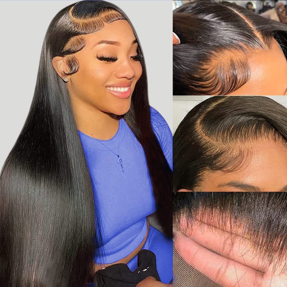 Woman with long black hair and close-up views of hairline and scalp.