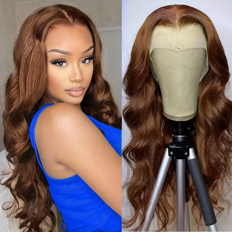 Side-by-side comparison of a person with long brown hair and a wig on a mannequin head.